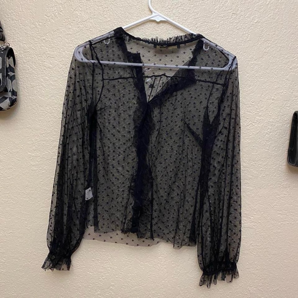 NWOT Hesperus Black Sheer Polka Dot Blouse